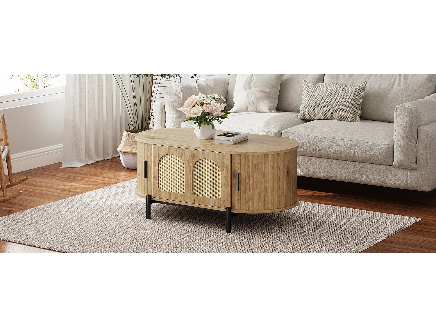 Ovaler Couchtisch aus Rattan – 100 x 50 x 40 cm – mit Schiebetüren und Stauraum – Metallbeine – MDF – natur