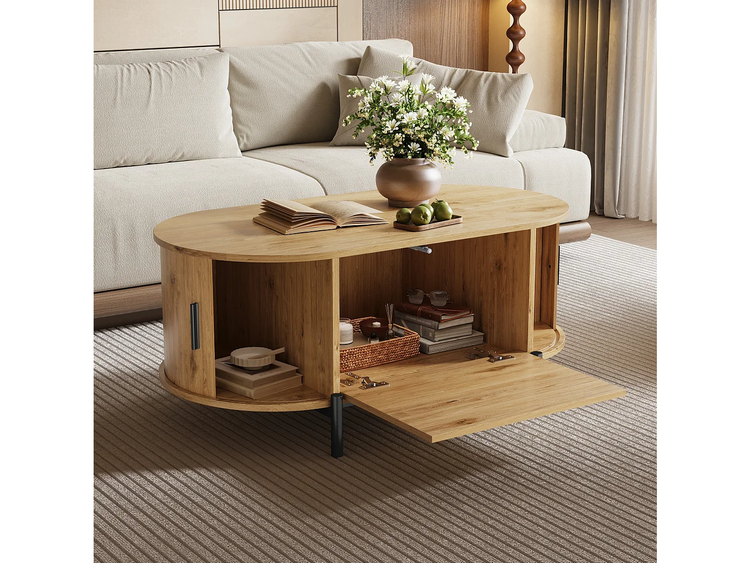 Ovaler Couchtisch aus Rattan – 100 x 50 x 40 cm – mit Schiebetüren und Stauraum – Metallbeine – MDF – natur