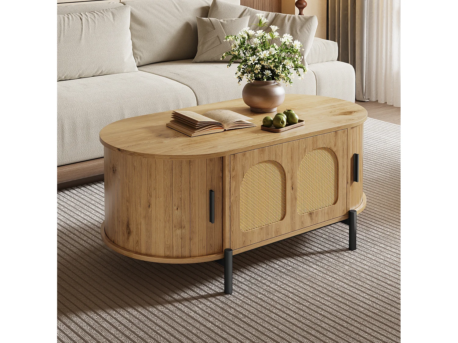 Ovaler Couchtisch aus Rattan – 100 x 50 x 40 cm – mit Schiebetüren und Stauraum – Metallbeine – MDF – natur