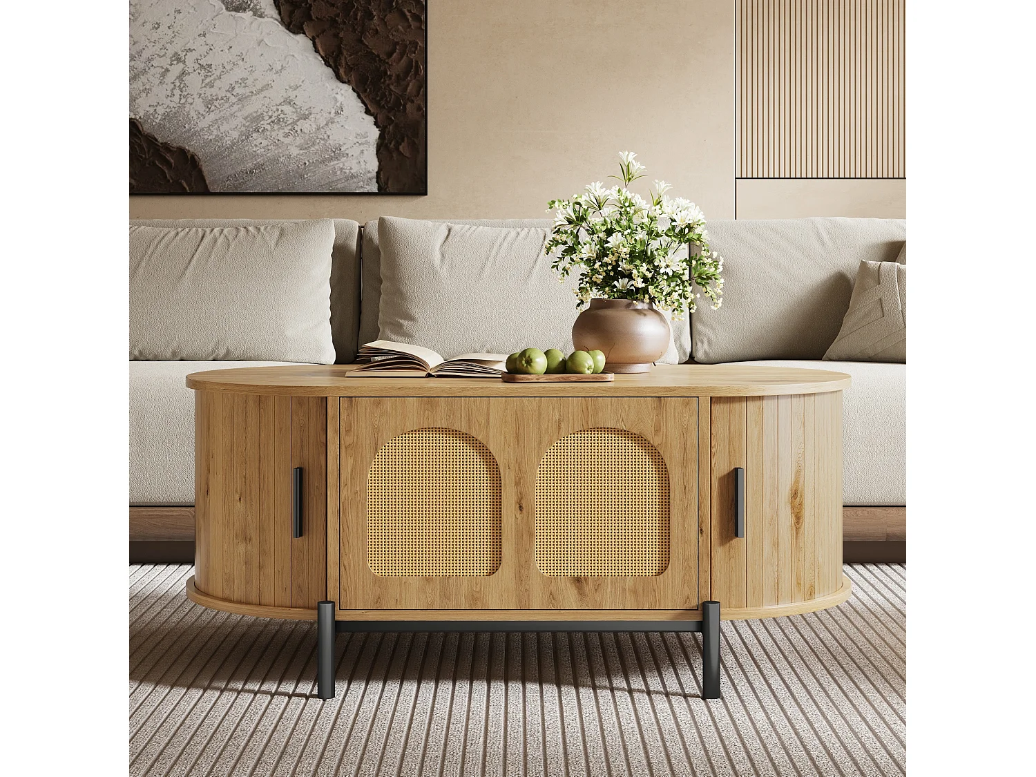 Ovaler Couchtisch aus Rattan – 100 x 50 x 40 cm – mit Schiebetüren und Stauraum – Metallbeine – MDF – natur