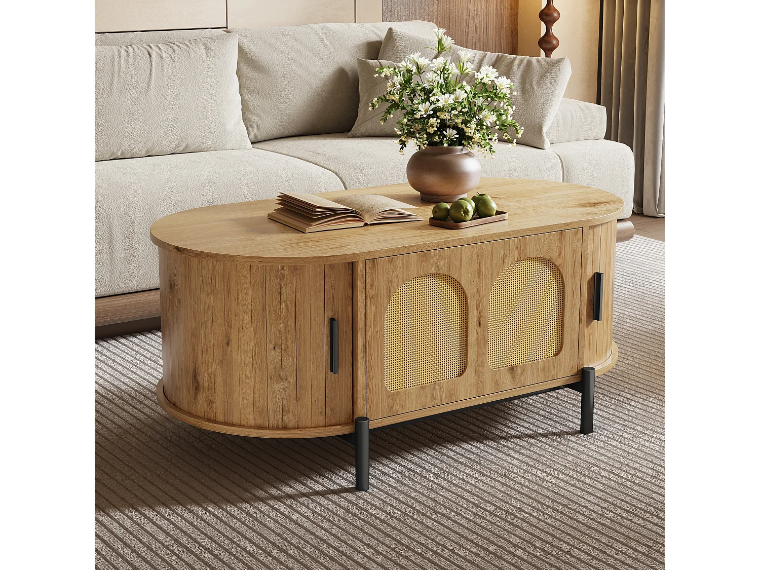 Ovaler Couchtisch aus Rattan – 100 x 50 x 40 cm – mit Schiebetüren und Stauraum – Metallbeine – MDF – natur