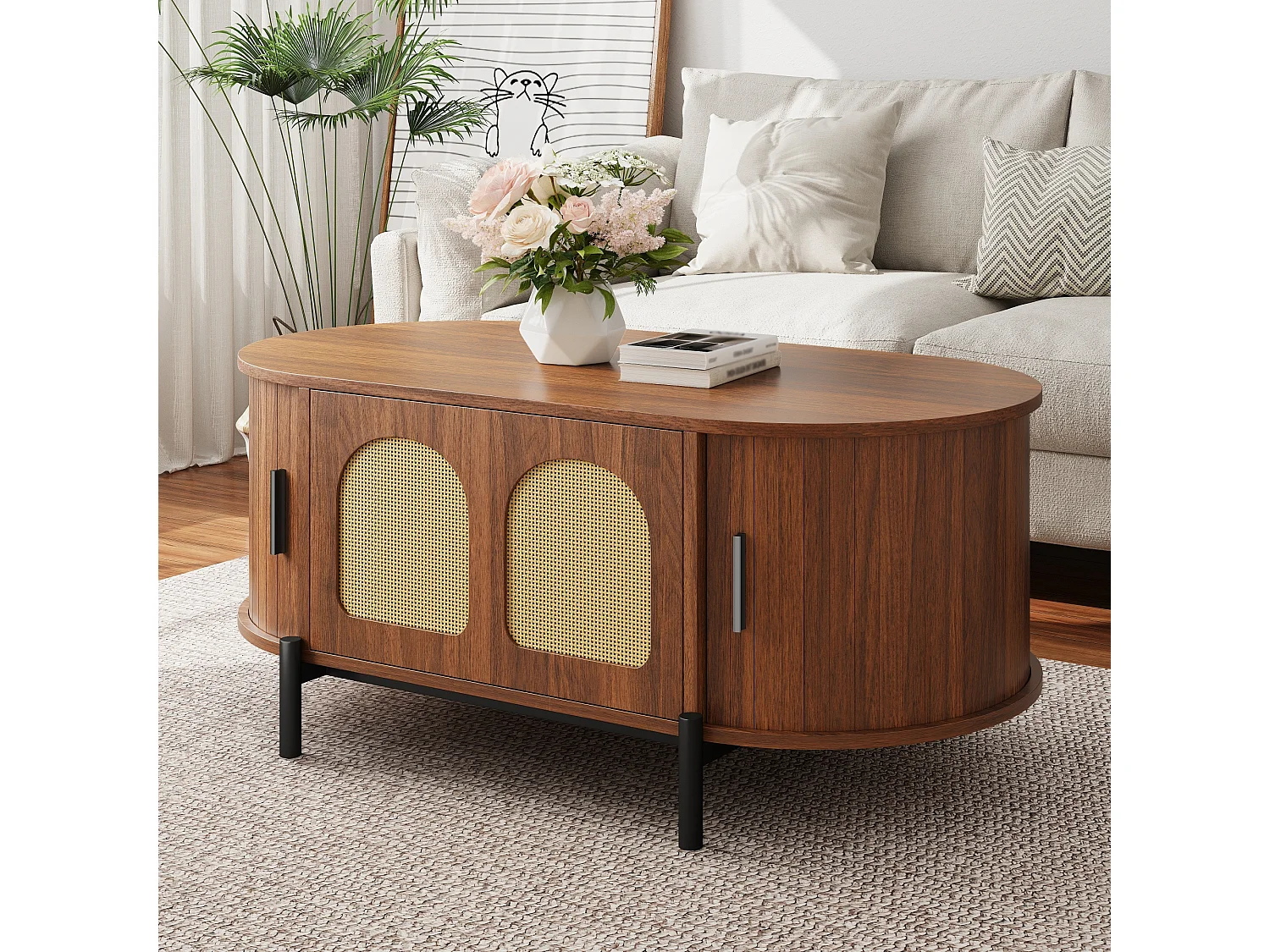 Mesa de centro ovalada de ratán - 100 x 50 x 40 cm - con puertas correderas y espacio de almacenamiento - patas de metal - MDF - marrón