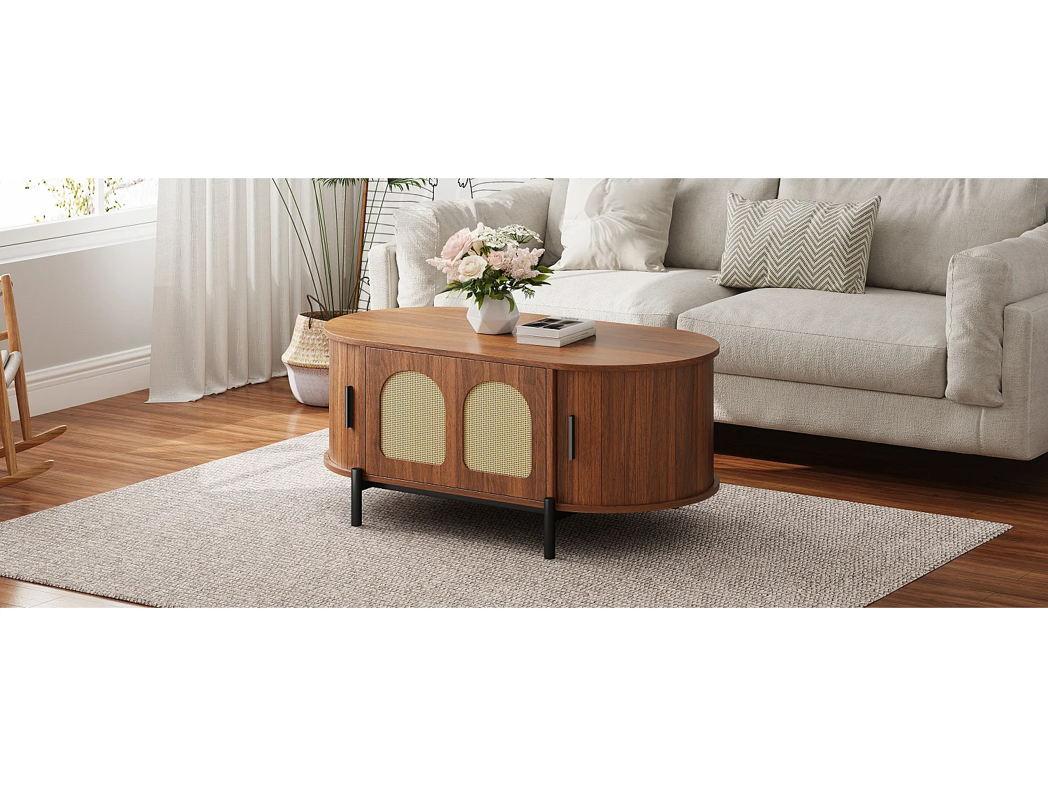 Mesa de centro ovalada de ratán - 100 x 50 x 40 cm - con puertas correderas y espacio de almacenamiento - patas de metal - MDF - marrón