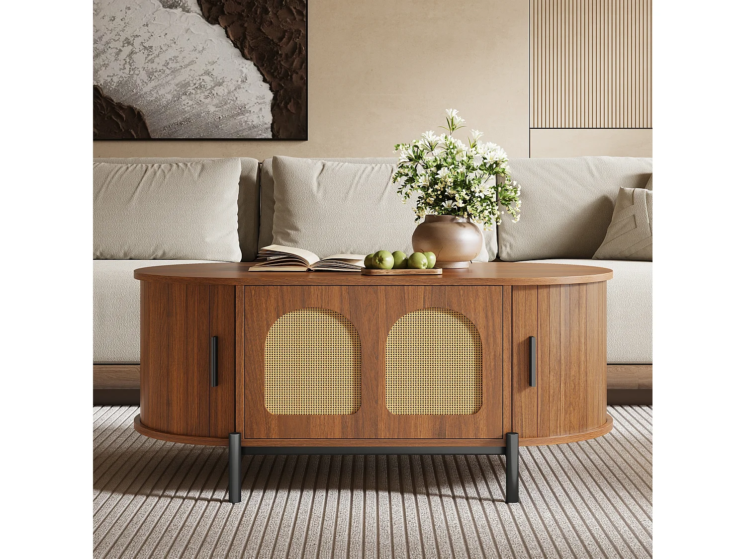 Mesa de centro ovalada de ratán - 100 x 50 x 40 cm - con puertas correderas y espacio de almacenamiento - patas de metal - MDF - marrón