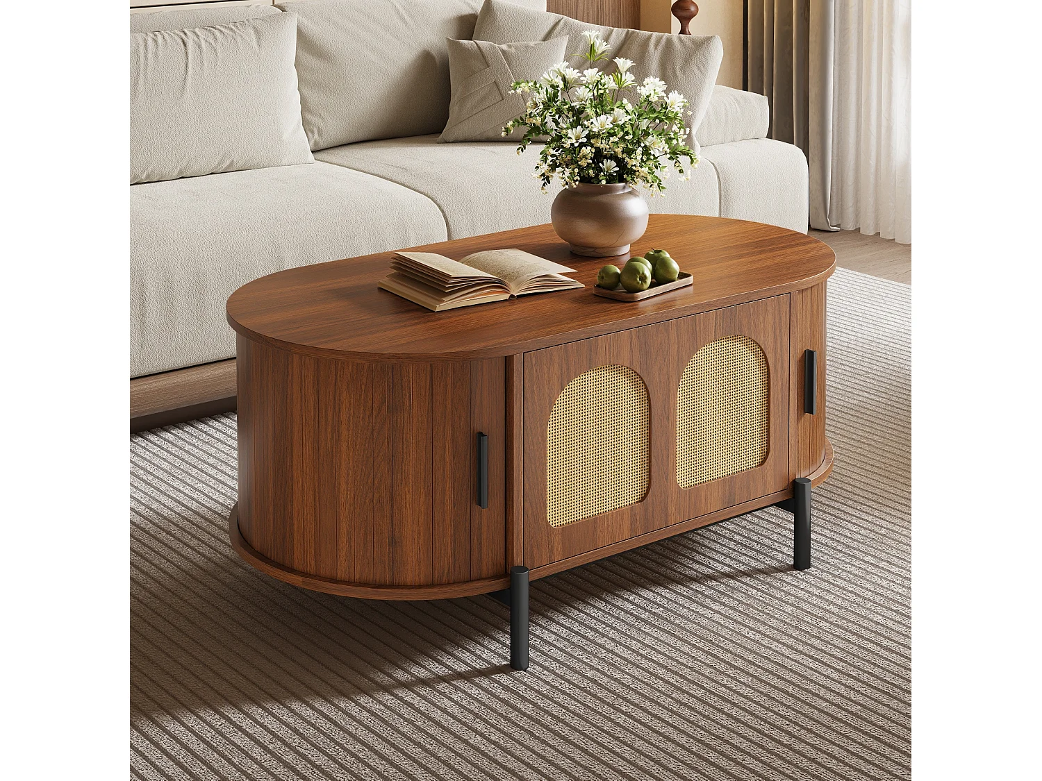 Mesa de centro ovalada de ratán - 100 x 50 x 40 cm - con puertas correderas y espacio de almacenamiento - patas de metal - MDF - marrón