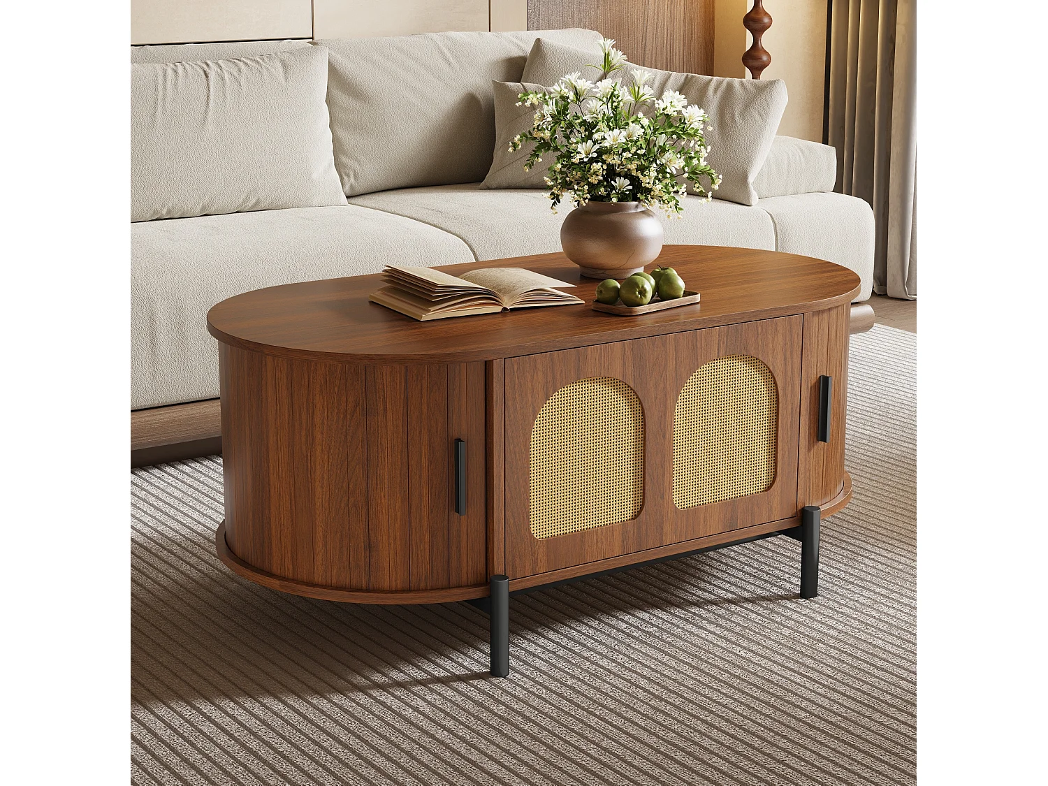 Mesa de centro ovalada de ratán - 100 x 50 x 40 cm - con puertas correderas y espacio de almacenamiento - patas de metal - MDF - marrón