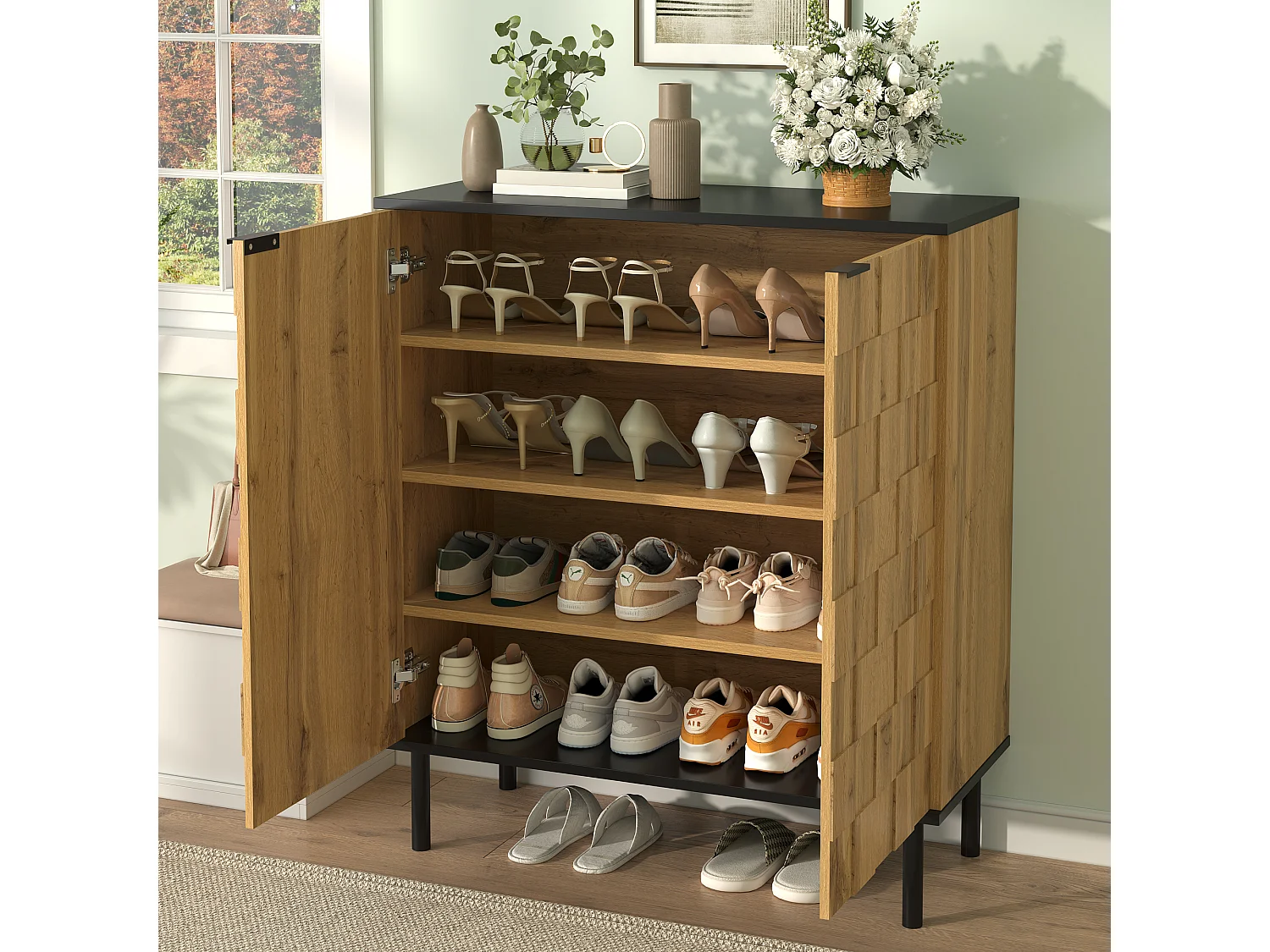 Schuhschrank in Holzoptik für den Eingangsbereich – 80 x 35 x 91,5 cm – mit 2 Türen – Metallbeine – Spanplatte – natur