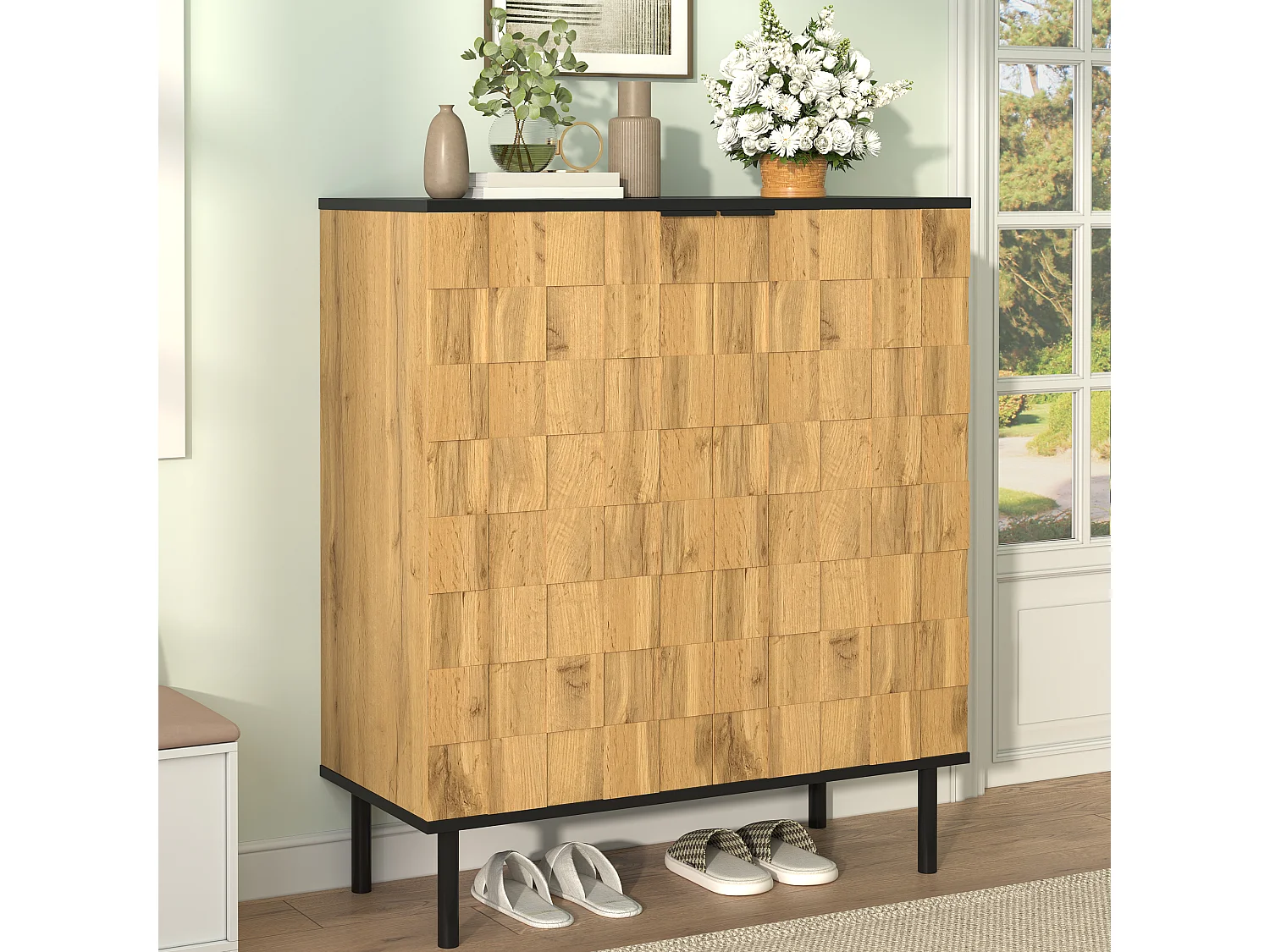 Schuhschrank in Holzoptik für den Eingangsbereich – 80 x 35 x 91,5 cm – mit 2 Türen – Metallbeine – Spanplatte – natur