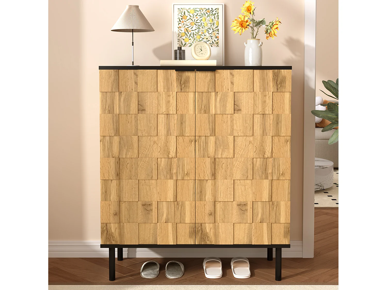 Schuhschrank in Holzoptik für den Eingangsbereich – 80 x 35 x 91,5 cm – mit 2 Türen – Metallbeine – Spanplatte – natur