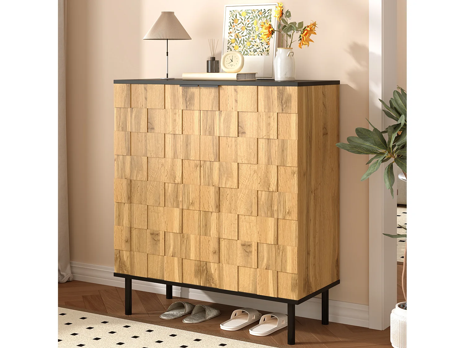 Schuhschrank in Holzoptik für den Eingangsbereich – 80 x 35 x 91,5 cm – mit 2 Türen – Metallbeine – Spanplatte – natur