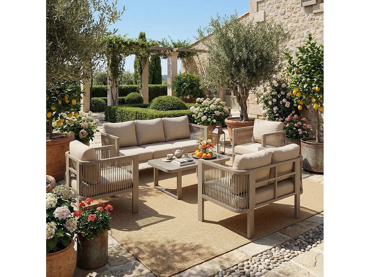 Zestaw mebli ogrodowych 5-częściowy 7-osobowy - 2 sofy + 2 fotele + stolik kawowy - metalowy - khaki