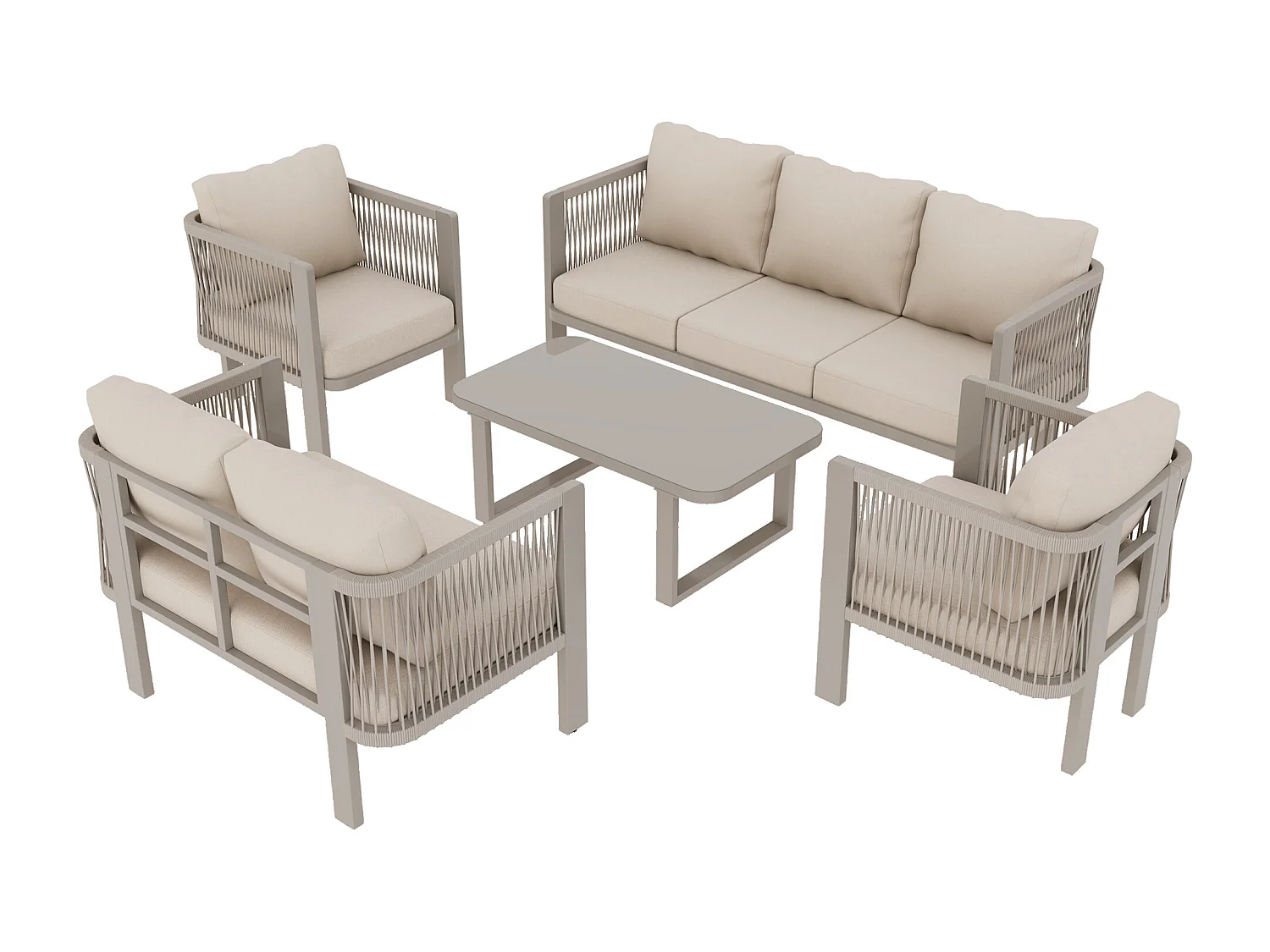 Zestaw mebli ogrodowych 5-częściowy 7-osobowy - 2 sofy + 2 fotele + stolik kawowy - metalowy - khaki