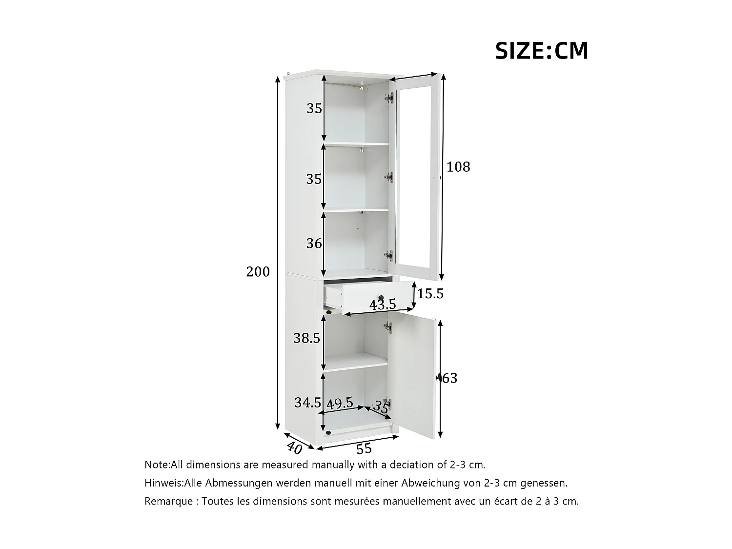Freistehende Glasvitrine – 55 x 40 x 200 mm – mit 2 Türen + 1 Schublade + LEDs – Spanplatte – weiß