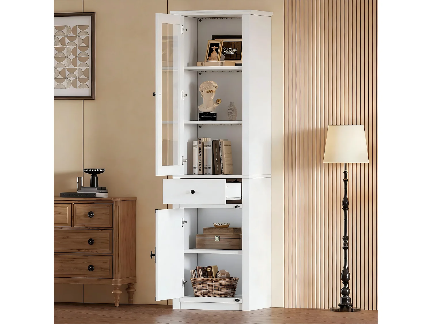 Freistehende Glasvitrine – 55 x 40 x 200 mm – mit 2 Türen + 1 Schublade + LEDs – Spanplatte – weiß