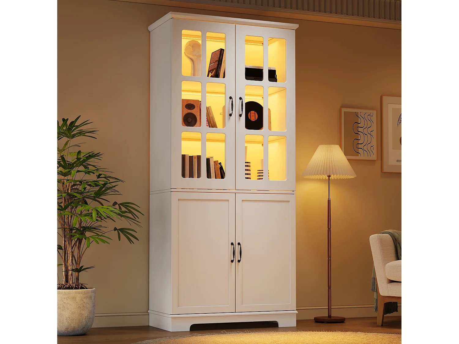 Vitrine im Landhausstil fürs Wohnzimmer – 80 x 38 x 180 cm – mit 2 Glastüren und LED-Beleuchtung – Spanplatte – weiß