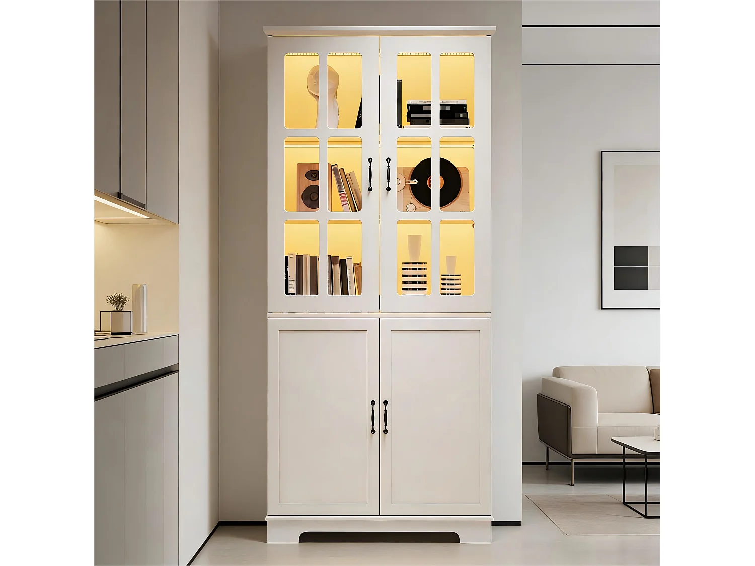 Vitrine im Landhausstil fürs Wohnzimmer – 80 x 38 x 180 cm – mit 2 Glastüren und LED-Beleuchtung – Spanplatte – weiß