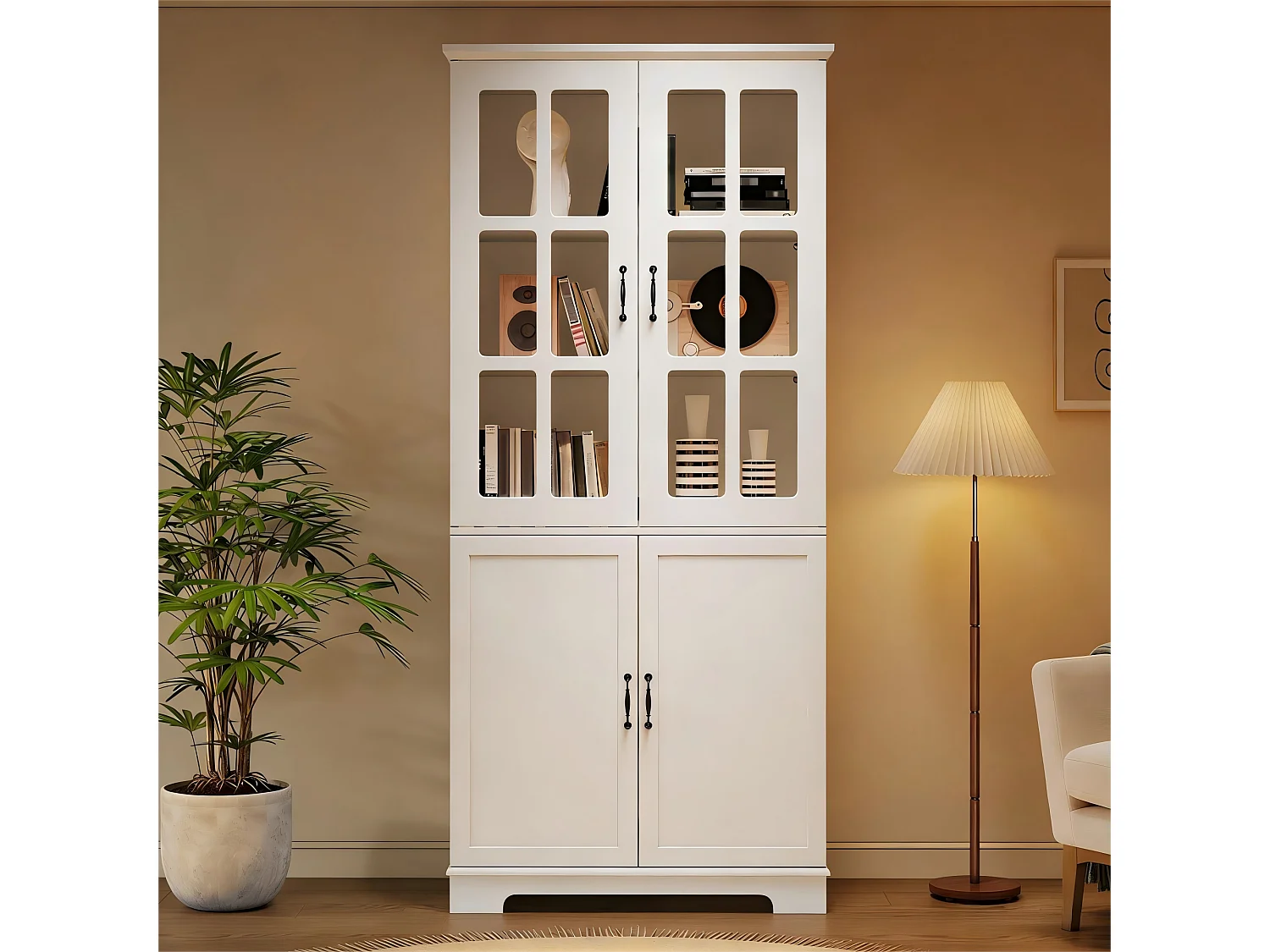 Vitrine im Landhausstil fürs Wohnzimmer – 80 x 38 x 180 cm – mit 2 Glastüren und LED-Beleuchtung – Spanplatte – weiß