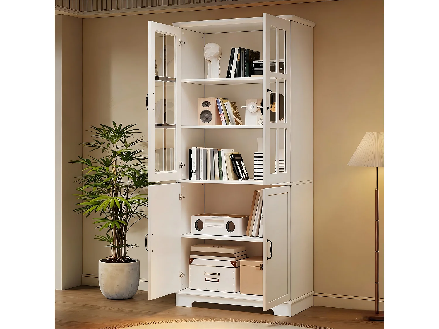 Vitrine im Landhausstil fürs Wohnzimmer – 80 x 38 x 180 cm – mit 2 Glastüren und LED-Beleuchtung – Spanplatte – weiß