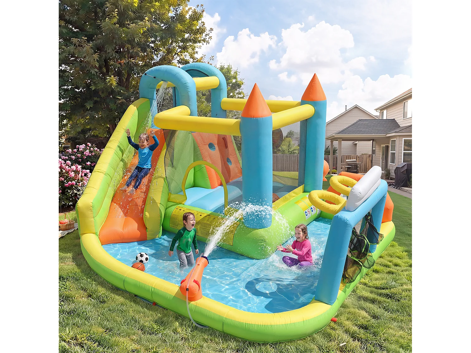 Opblaasbaar kasteel voor kinderen van 3 tot 10 jaar - 360 x 320 x 200 cm - met blower + glijbaan + zwembad - Oxford - Meerkleurig