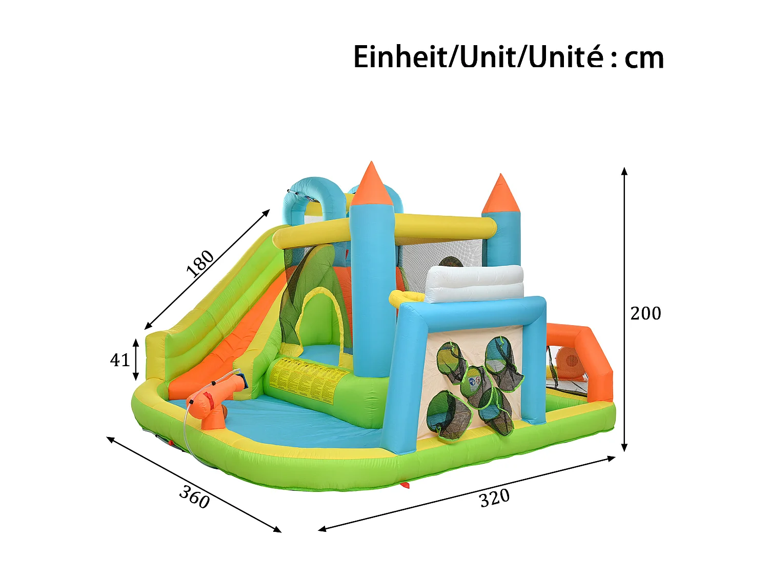 Opblaasbaar kasteel voor kinderen van 3 tot 10 jaar - 360 x 320 x 200 cm - met blower + glijbaan + zwembad - Oxford - Meerkleurig