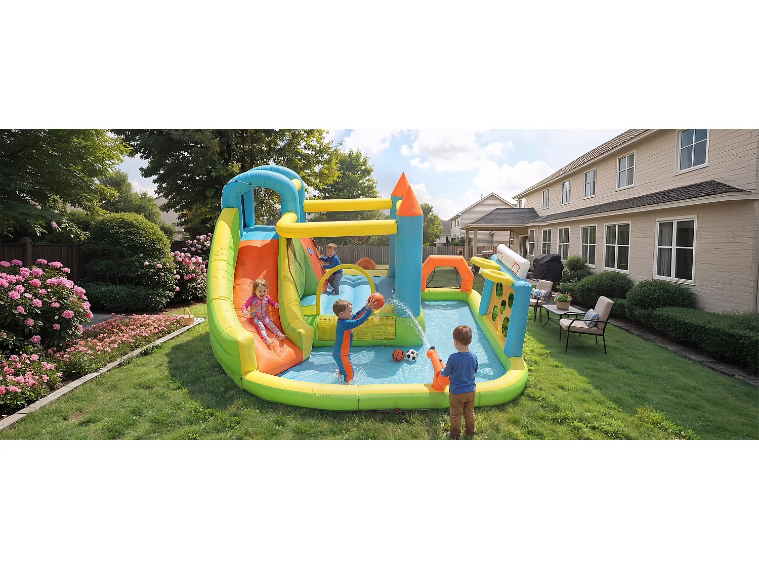 Opblaasbaar kasteel voor kinderen van 3 tot 10 jaar - 360 x 320 x 200 cm - met blower + glijbaan + zwembad - Oxford - Meerkleurig