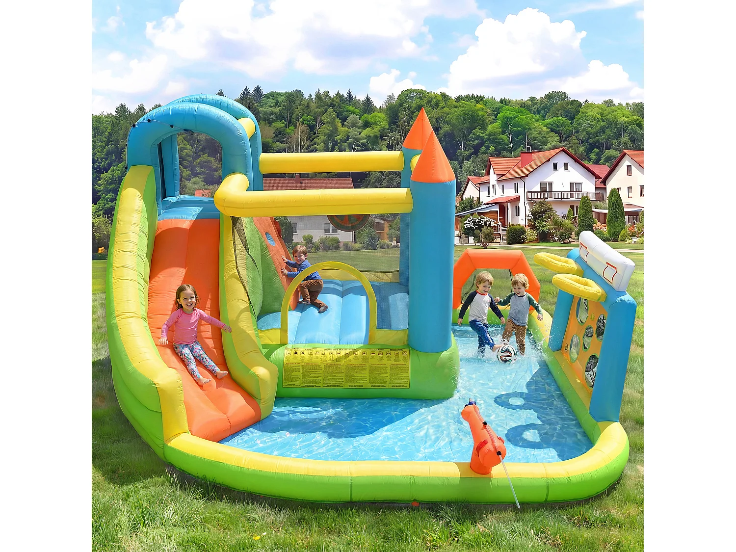 Opblaasbaar kasteel voor kinderen van 3 tot 10 jaar - 360 x 320 x 200 cm - met blower + glijbaan + zwembad - Oxford - Meerkleurig