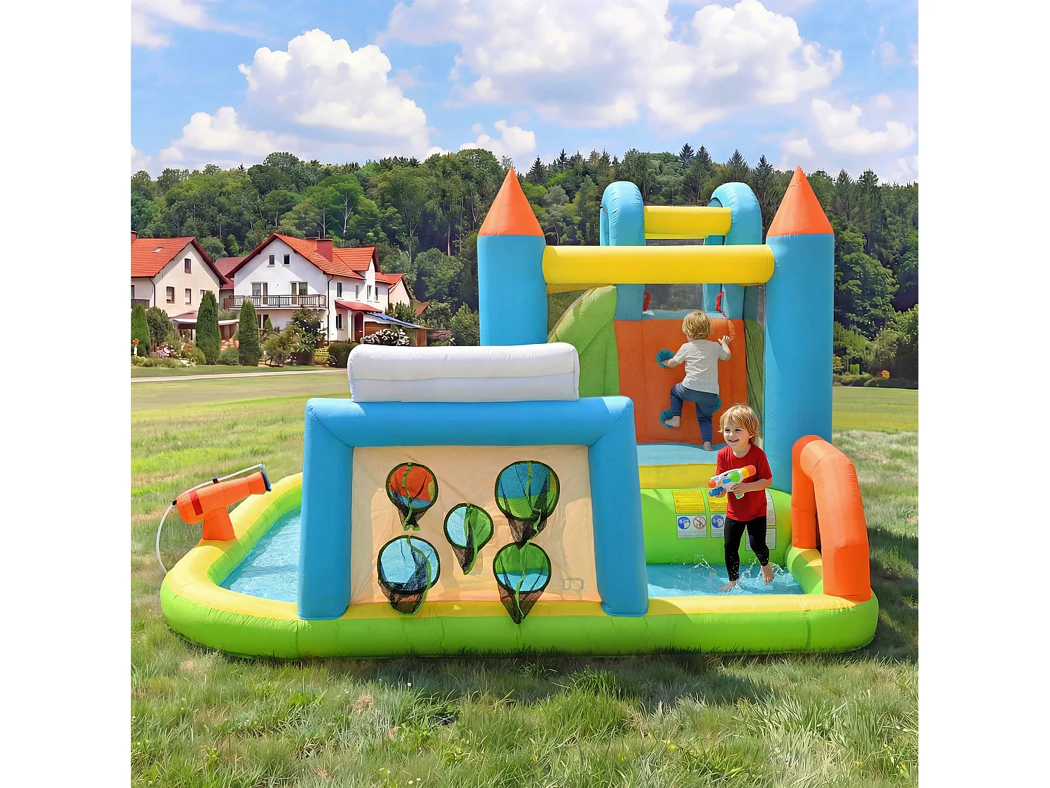 Opblaasbaar kasteel voor kinderen van 3 tot 10 jaar - 360 x 320 x 200 cm - met blower + glijbaan + zwembad - Oxford - Meerkleurig