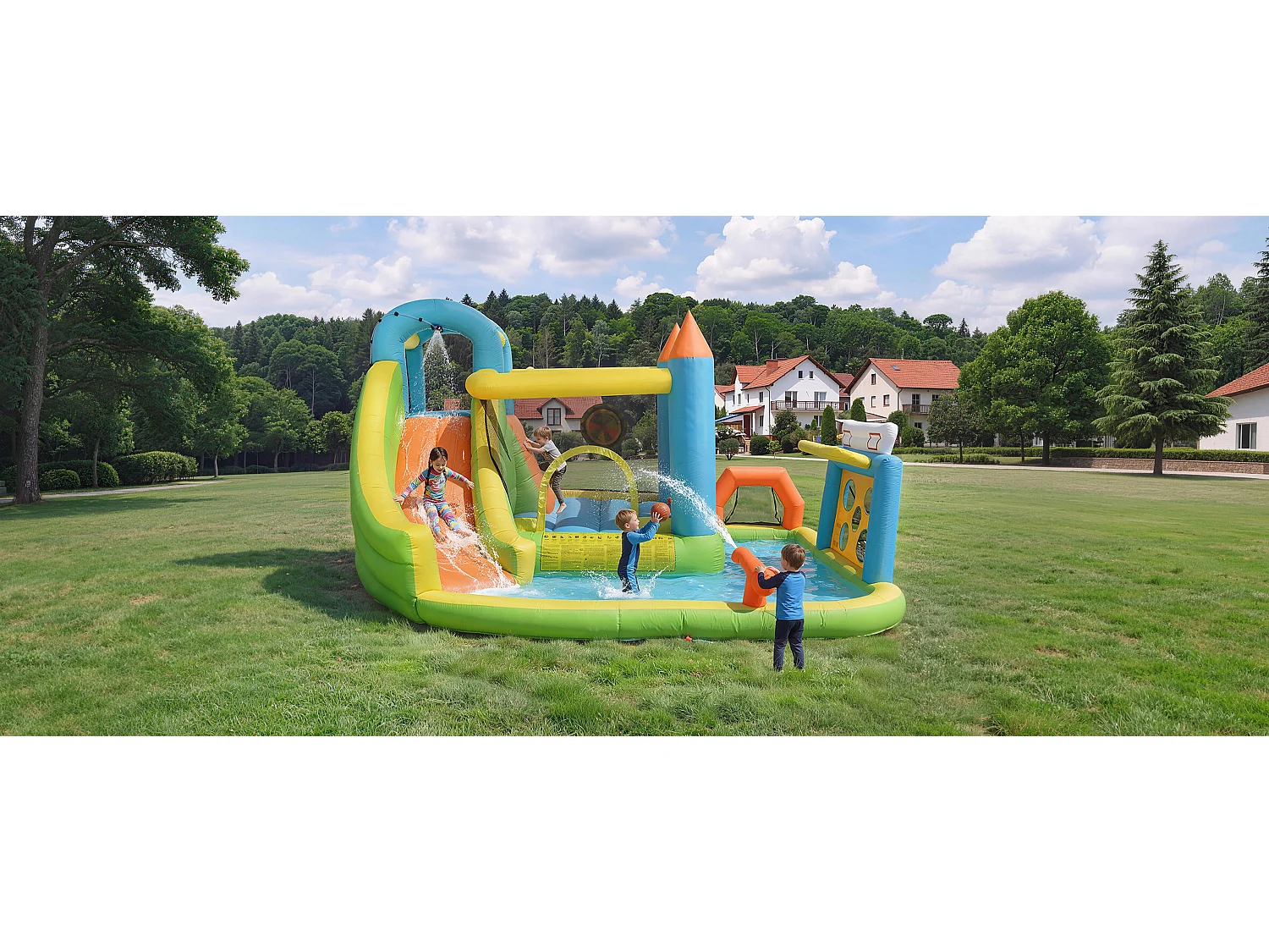 Opblaasbaar kasteel voor kinderen van 3 tot 10 jaar - 360 x 320 x 200 cm - met blower + glijbaan + zwembad - Oxford - Meerkleurig