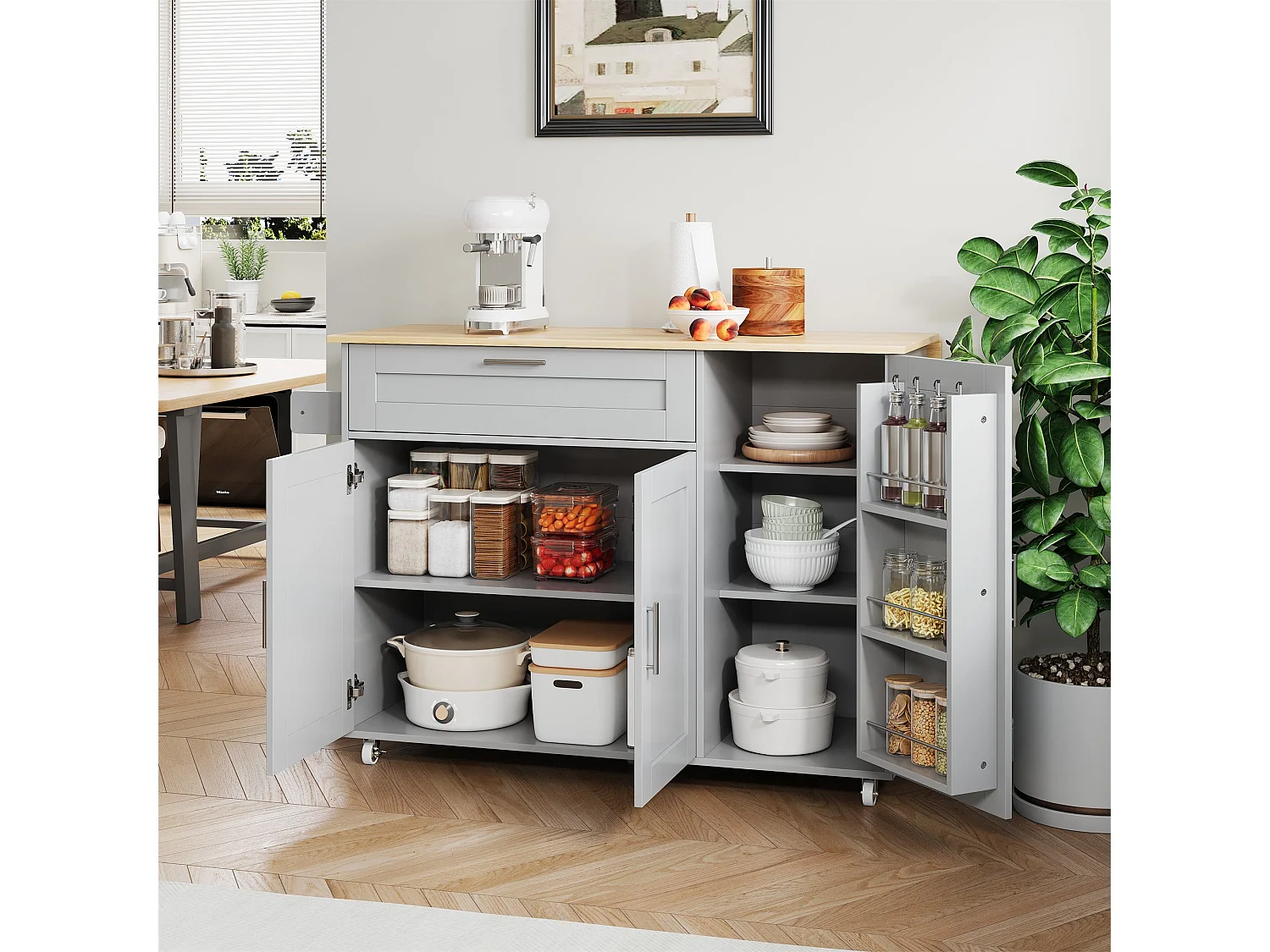 Table de cuisine mobile L132,5 x P44(70) x H90 cm, plan de travail rabattable, avec porte-épices,5 roulettes, adapté à la cuisine / salle à manger