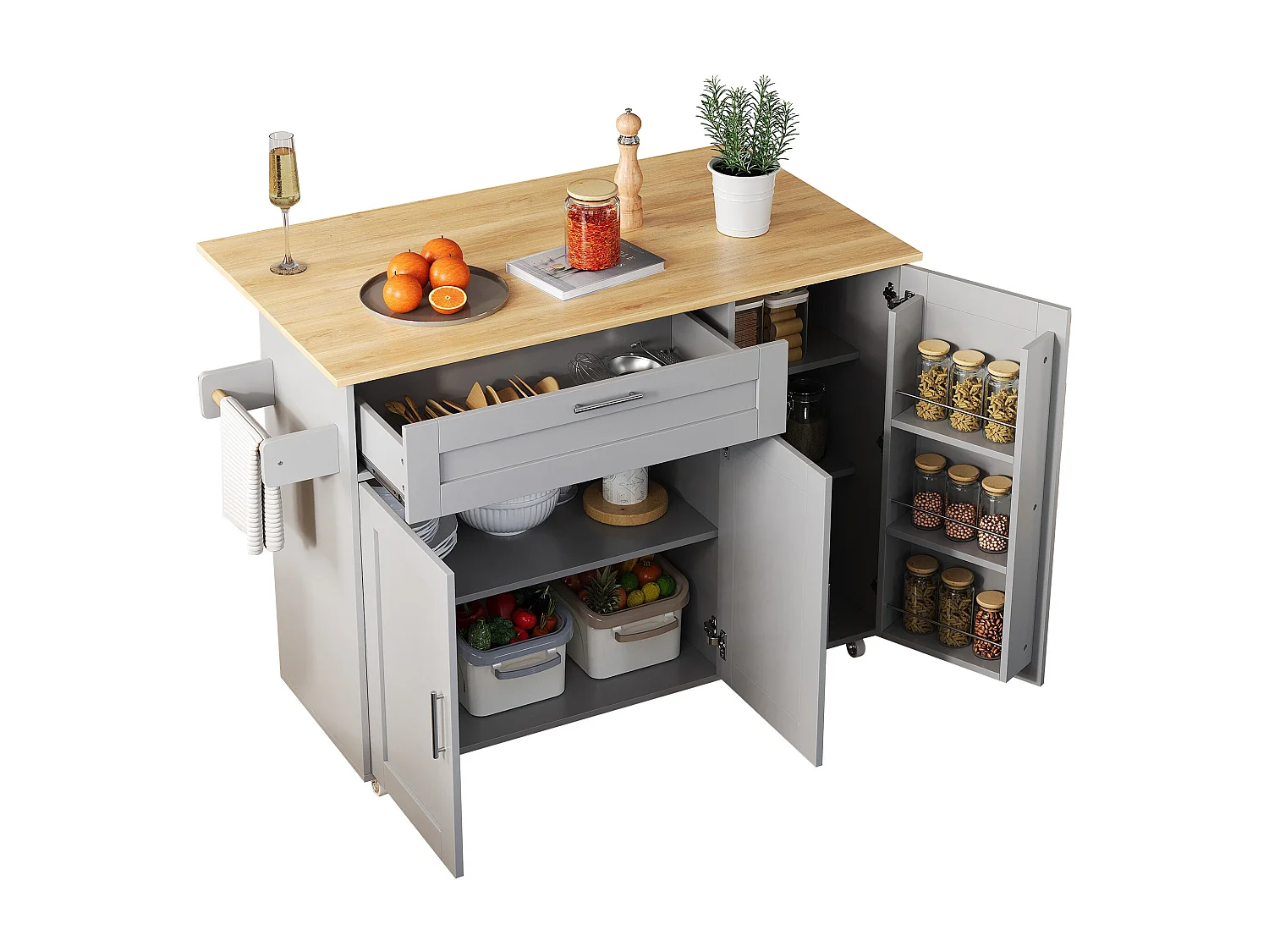 Table de cuisine mobile L132,5 x P44(70) x H90 cm, plan de travail rabattable, avec porte-épices,5 roulettes, adapté à la cuisine / salle à manger