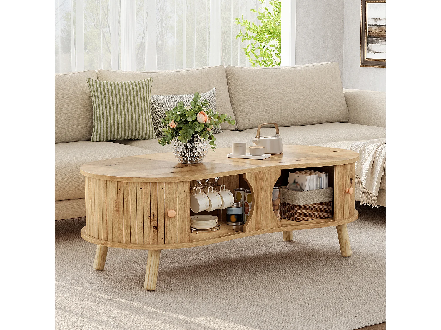 Couchtisch in Holzoptik fürs Wohnzimmer – 108 x 50 x 37 cm – mit 2 Schiebetüren – MDF – natur