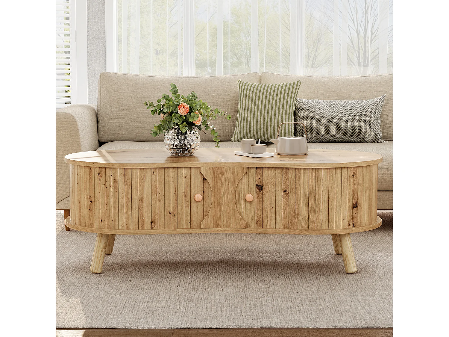 Couchtisch in Holzoptik fürs Wohnzimmer – 108 x 50 x 37 cm – mit 2 Schiebetüren – MDF – natur