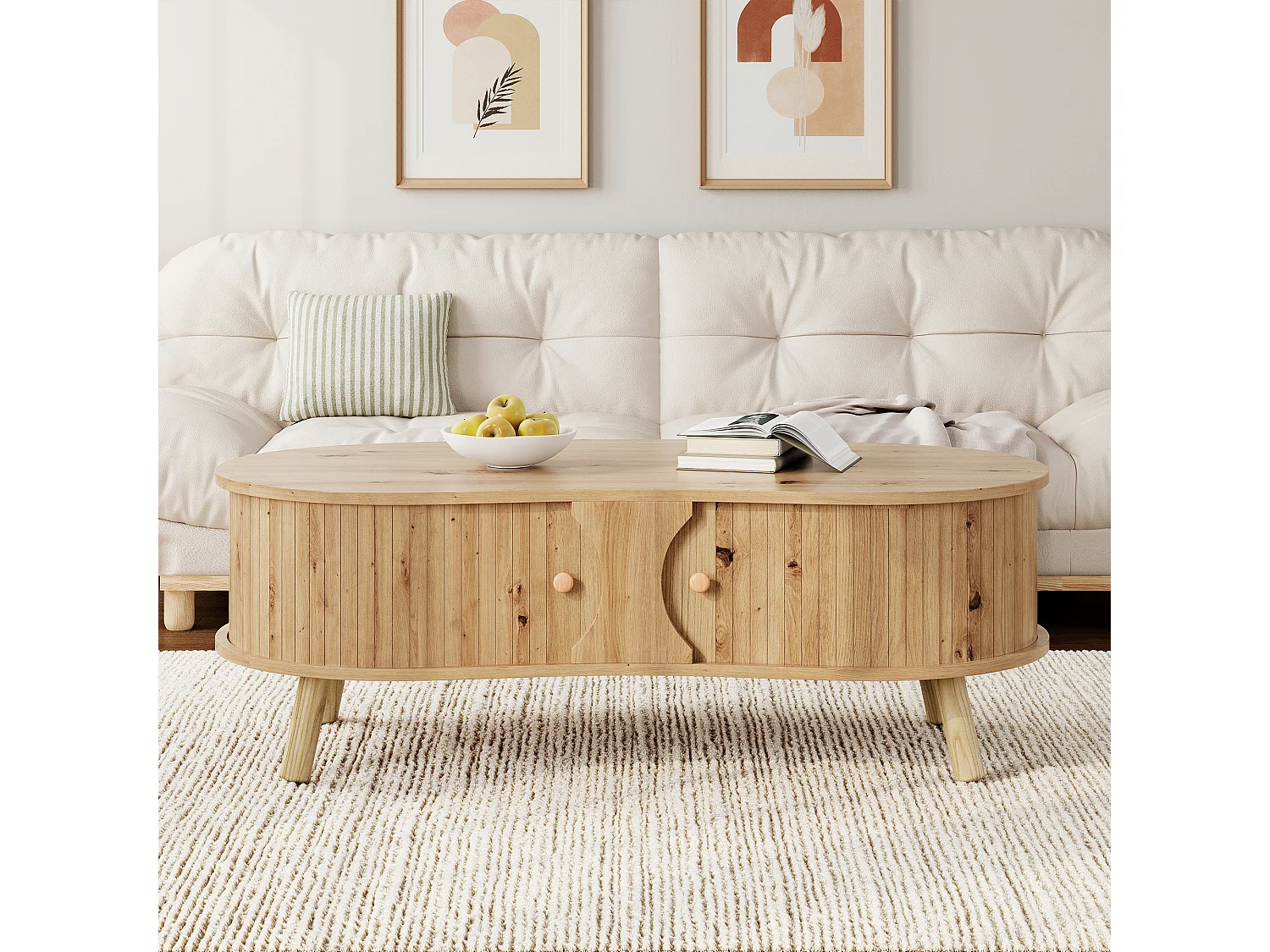 Couchtisch in Holzoptik fürs Wohnzimmer – 108 x 50 x 37 cm – mit 2 Schiebetüren – MDF – natur