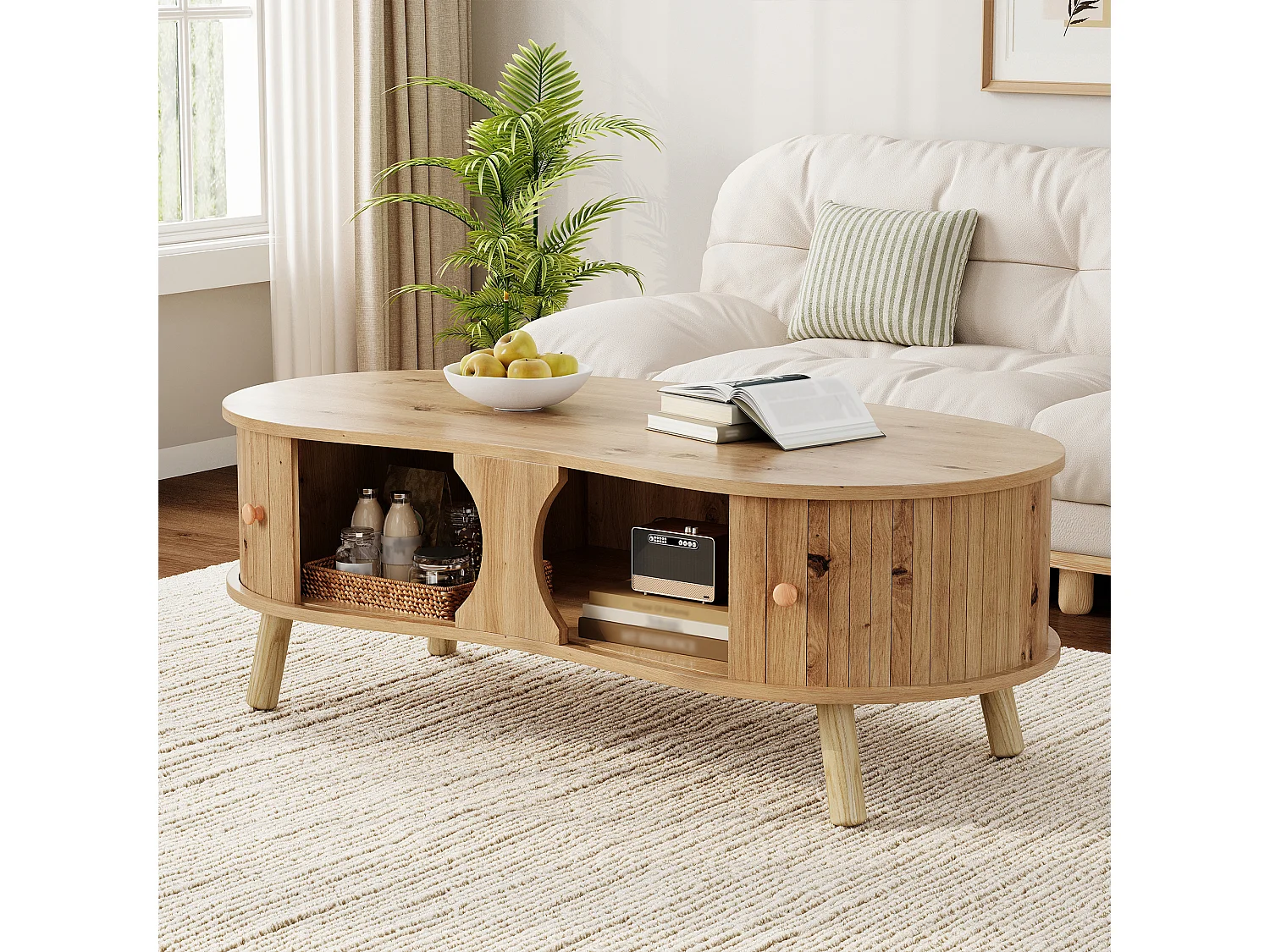 Couchtisch in Holzoptik fürs Wohnzimmer – 108 x 50 x 37 cm – mit 2 Schiebetüren – MDF – natur