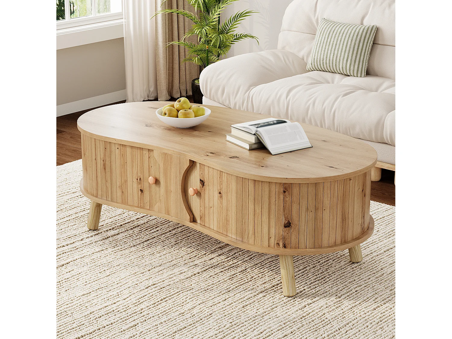 Couchtisch in Holzoptik fürs Wohnzimmer – 108 x 50 x 37 cm – mit 2 Schiebetüren – MDF – natur