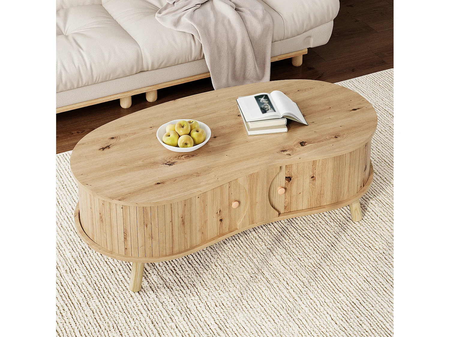 Couchtisch in Holzoptik fürs Wohnzimmer – 108 x 50 x 37 cm – mit 2 Schiebetüren – MDF – natur