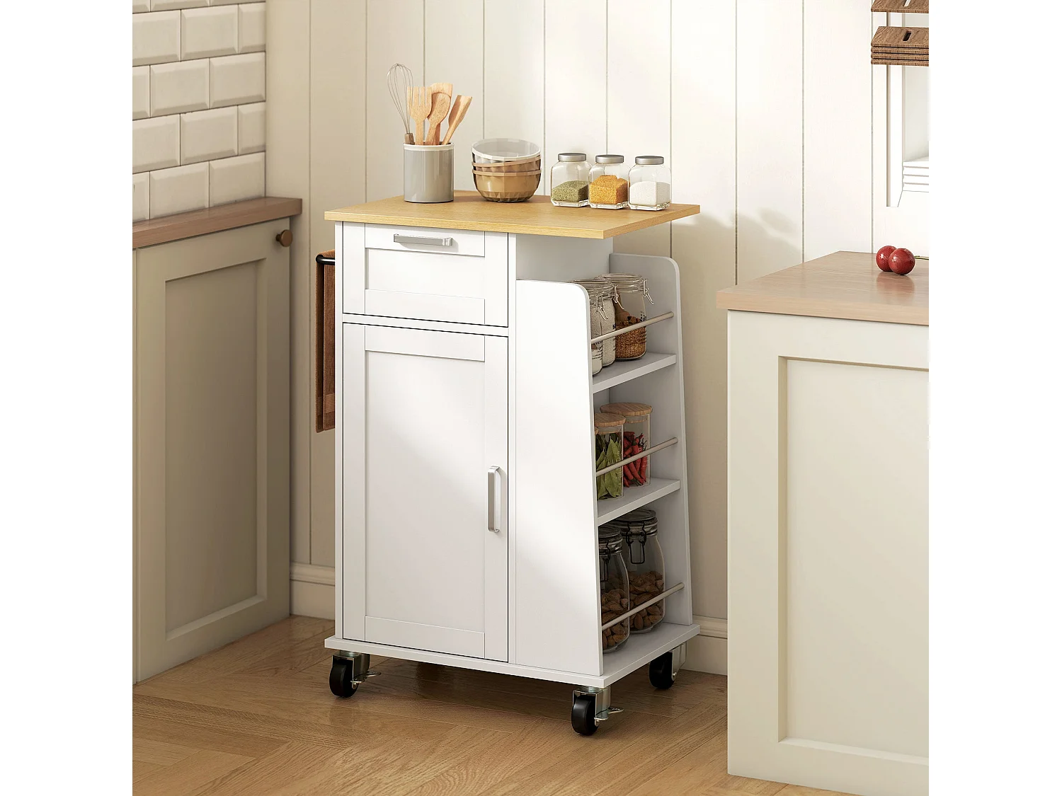 Chariot de cuisine sur roulettes, îlot fermeture amortie, tiroir, porte-serviettes, 3 porte-épices, étagères réglables, rangement bois polyvalent, 62x40x87cm, blanc