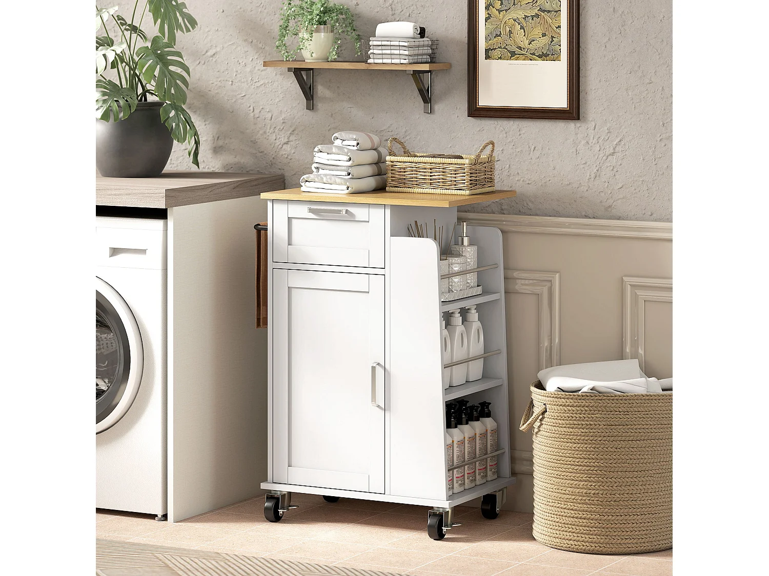 Chariot de cuisine sur roulettes, îlot fermeture amortie, tiroir, porte-serviettes, 3 porte-épices, étagères réglables, rangement bois polyvalent, 62x40x87cm, blanc