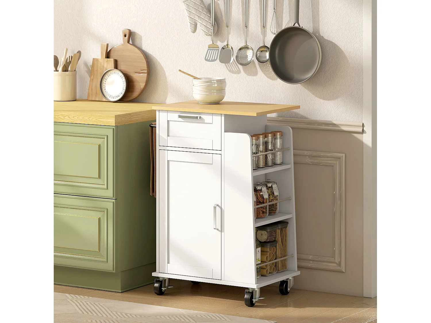 Chariot de cuisine sur roulettes, îlot fermeture amortie, tiroir, porte-serviettes, 3 porte-épices, étagères réglables, rangement bois polyvalent, 62x40x87cm, blanc