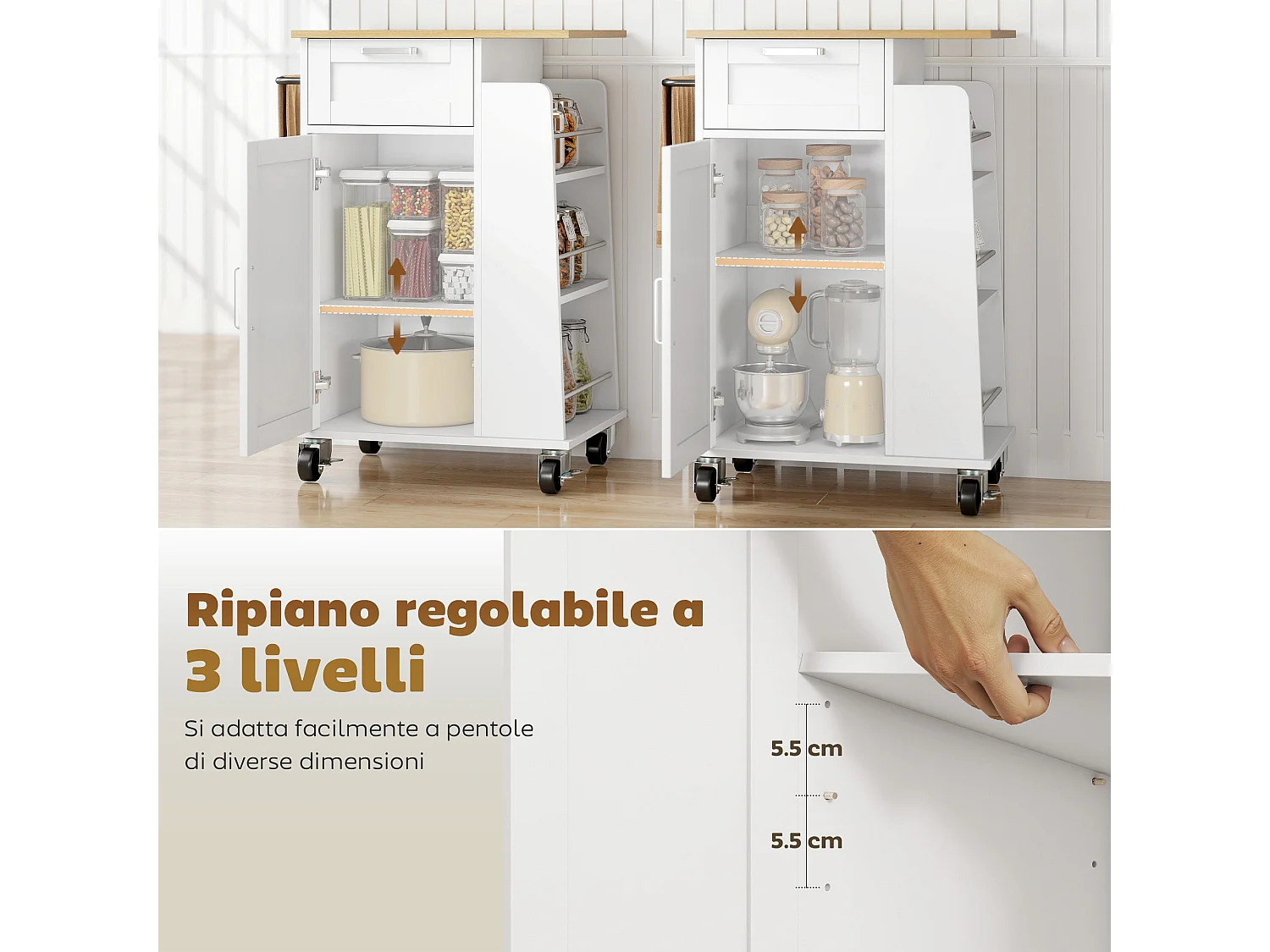 Chariot de cuisine sur roulettes, îlot fermeture amortie, tiroir, porte-serviettes, 3 porte-épices, étagères réglables, rangement bois polyvalent, 62x40x87cm, blanc