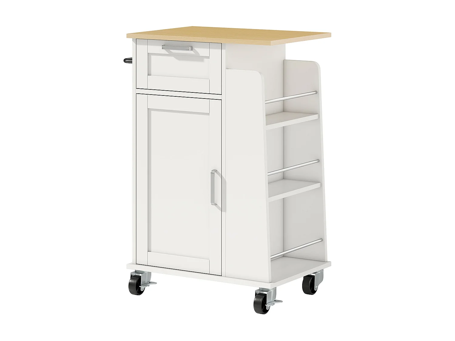 Chariot de cuisine sur roulettes, îlot fermeture amortie, tiroir, porte-serviettes, 3 porte-épices, étagères réglables, rangement bois polyvalent, 62x40x87cm, blanc
