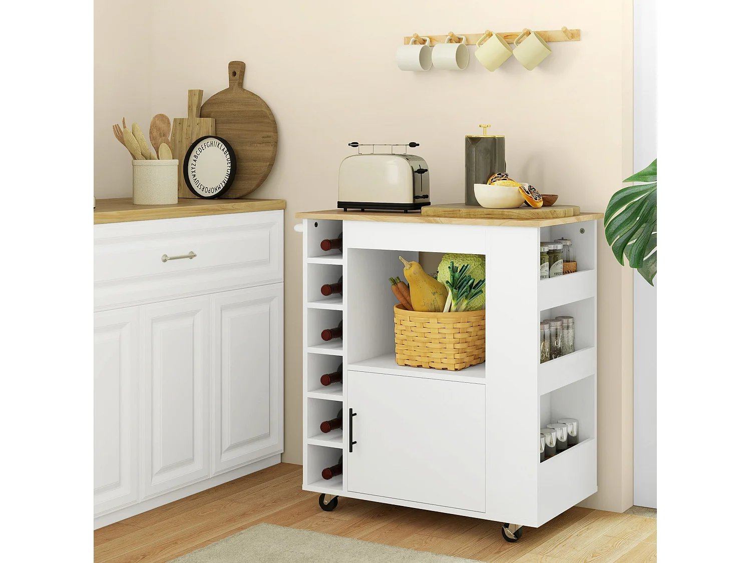 Chariot de cuisine sur roulettes, îlot fermeture amortie, tiroir, porte-serviettes, 3 porte-épices, étagères réglables, rangement bois polyvalent, 62x40x87cm, blanc