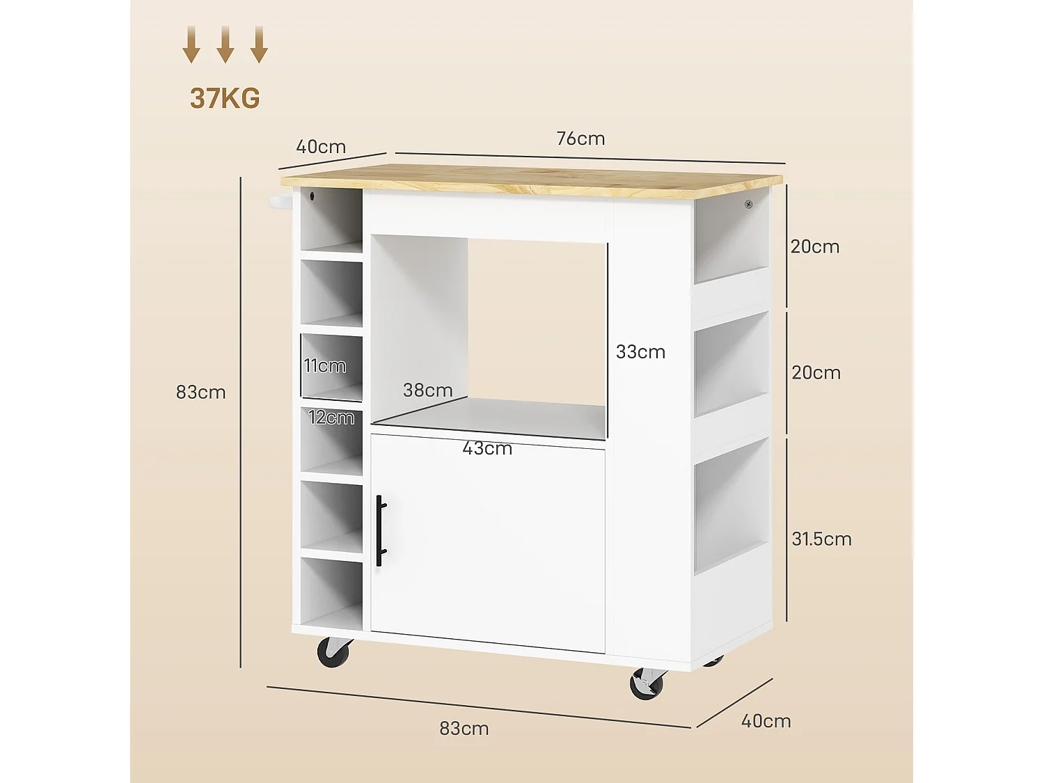 Chariot de cuisine sur roulettes, îlot fermeture amortie, tiroir, porte-serviettes, 3 porte-épices, étagères réglables, rangement bois polyvalent, 62x40x87cm, blanc