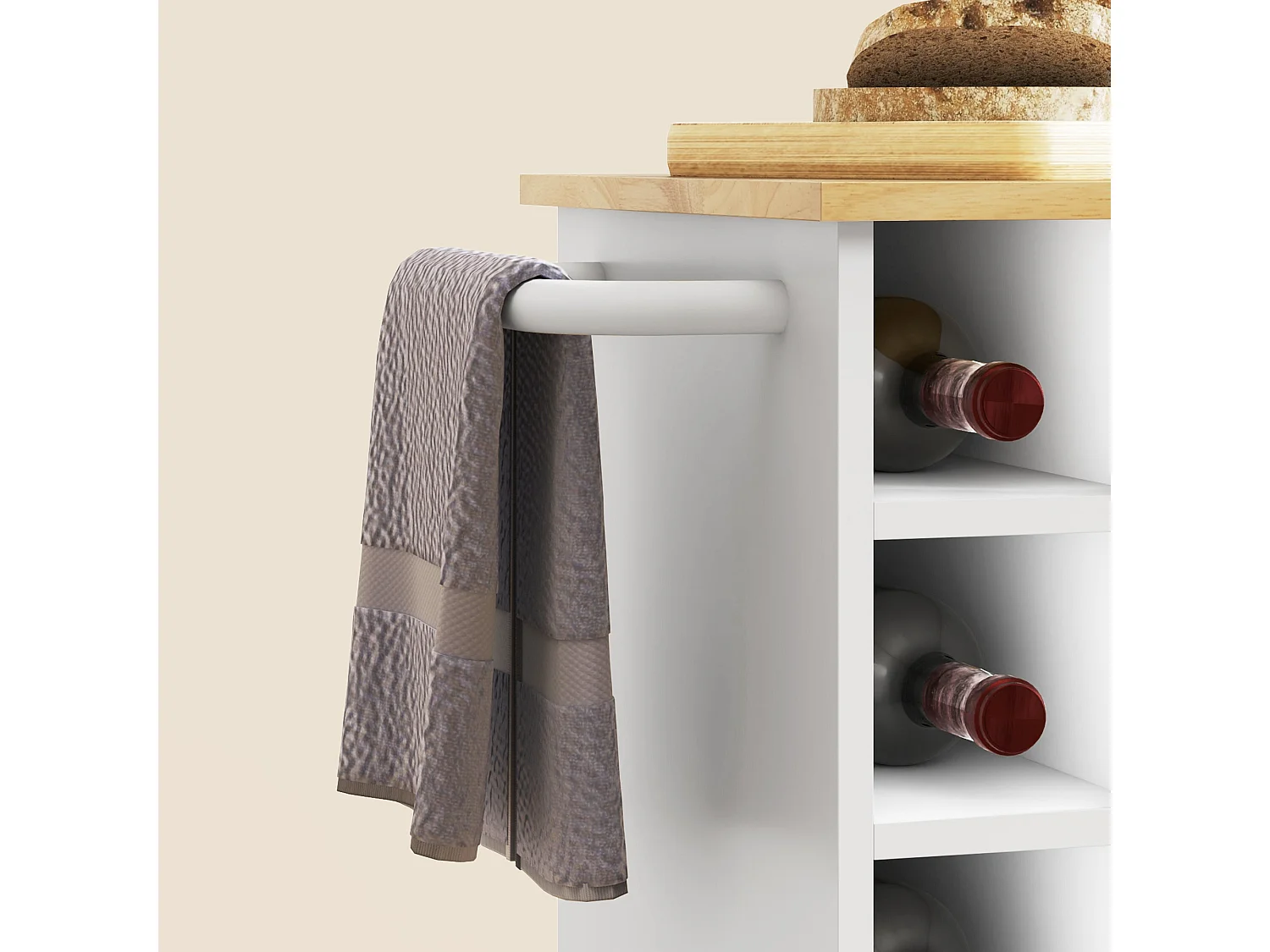 Chariot de cuisine sur roulettes, îlot fermeture amortie, tiroir, porte-serviettes, 3 porte-épices, étagères réglables, rangement bois polyvalent, 62x40x87cm, blanc