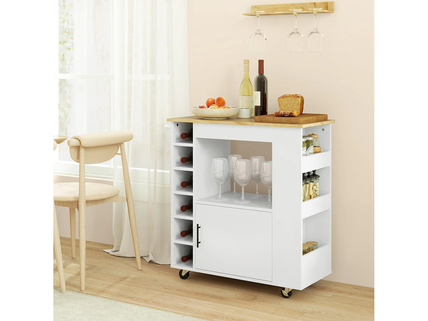 Chariot de cuisine sur roulettes, îlot fermeture amortie, tiroir, porte-serviettes, 3 porte-épices, étagères réglables, rangement bois polyvalent, 62x40x87cm, blanc