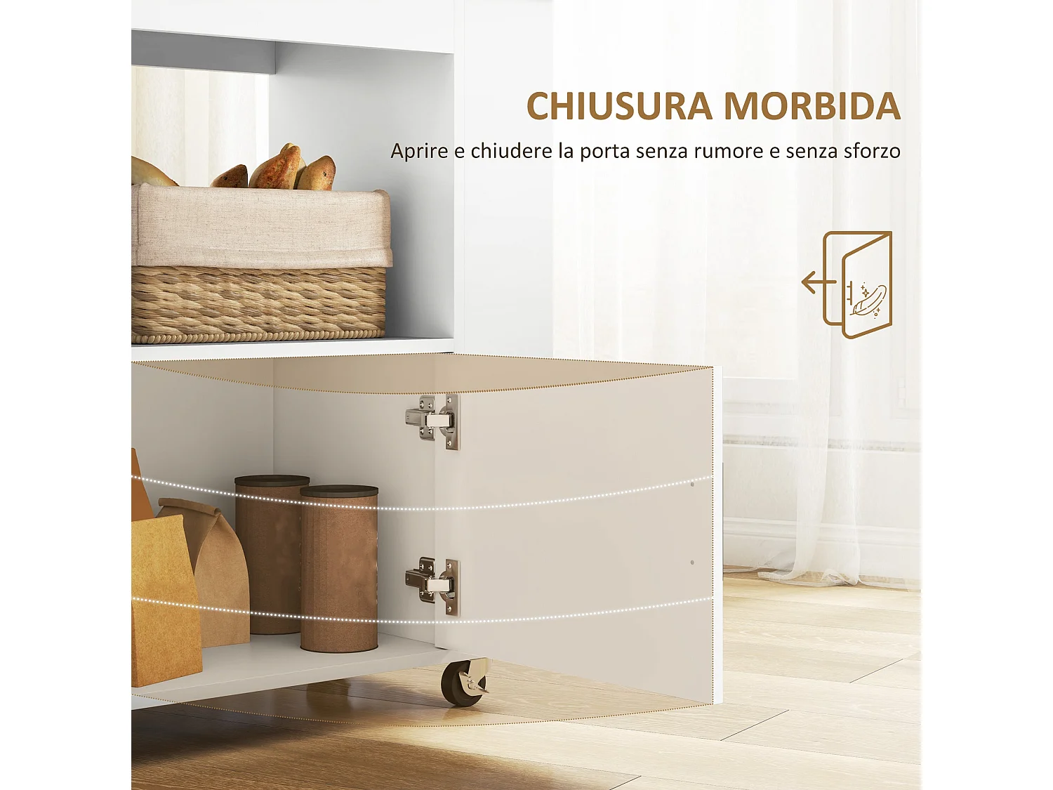 Chariot de cuisine sur roulettes, îlot fermeture amortie, tiroir, porte-serviettes, 3 porte-épices, étagères réglables, rangement bois polyvalent, 62x40x87cm, blanc