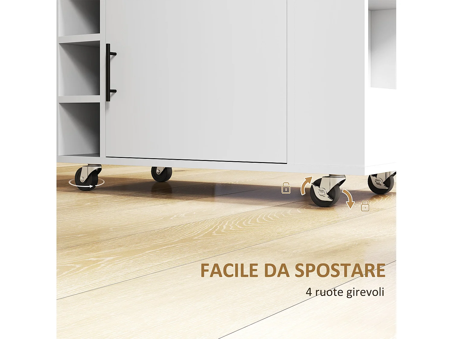 Chariot de cuisine sur roulettes, îlot fermeture amortie, tiroir, porte-serviettes, 3 porte-épices, étagères réglables, rangement bois polyvalent, 62x40x87cm, blanc