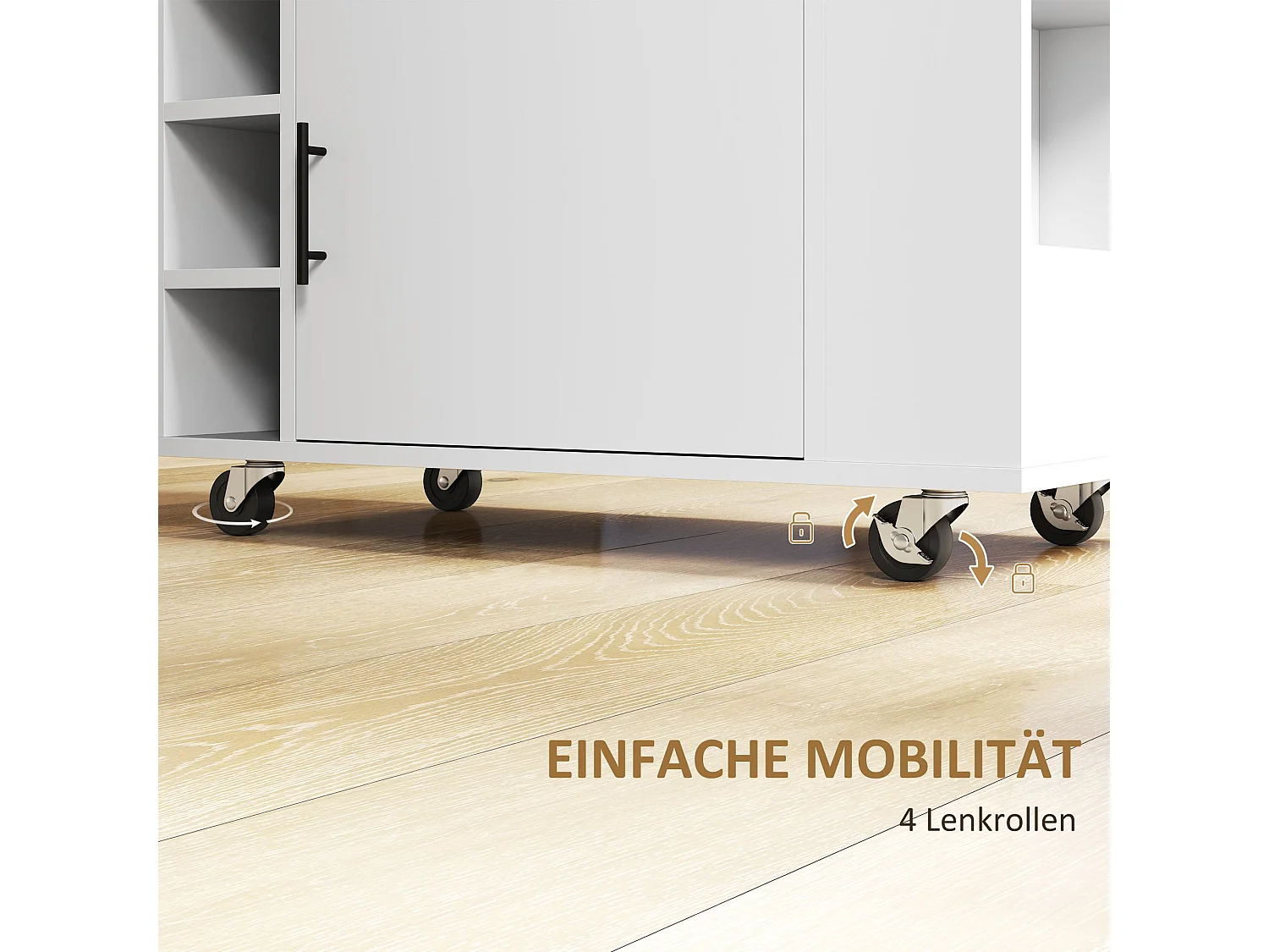 Chariot de cuisine, îlot de cuisine sur roulettes, chariot avec compartiments, rangements à bouteilles, placard et plan de travail – Blanc