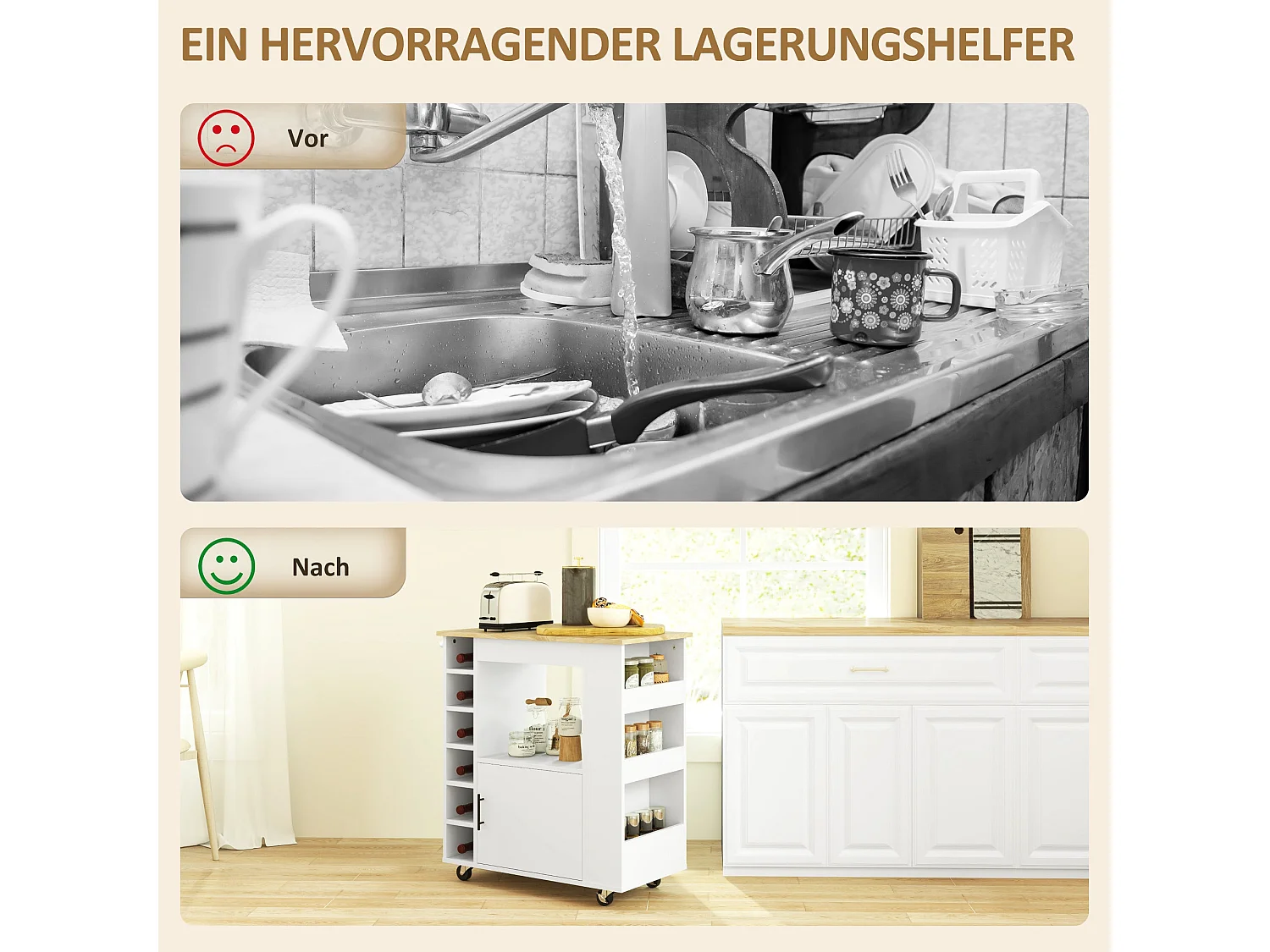 Chariot de cuisine, îlot de cuisine sur roulettes, chariot avec compartiments, rangements à bouteilles, placard et plan de travail – Blanc