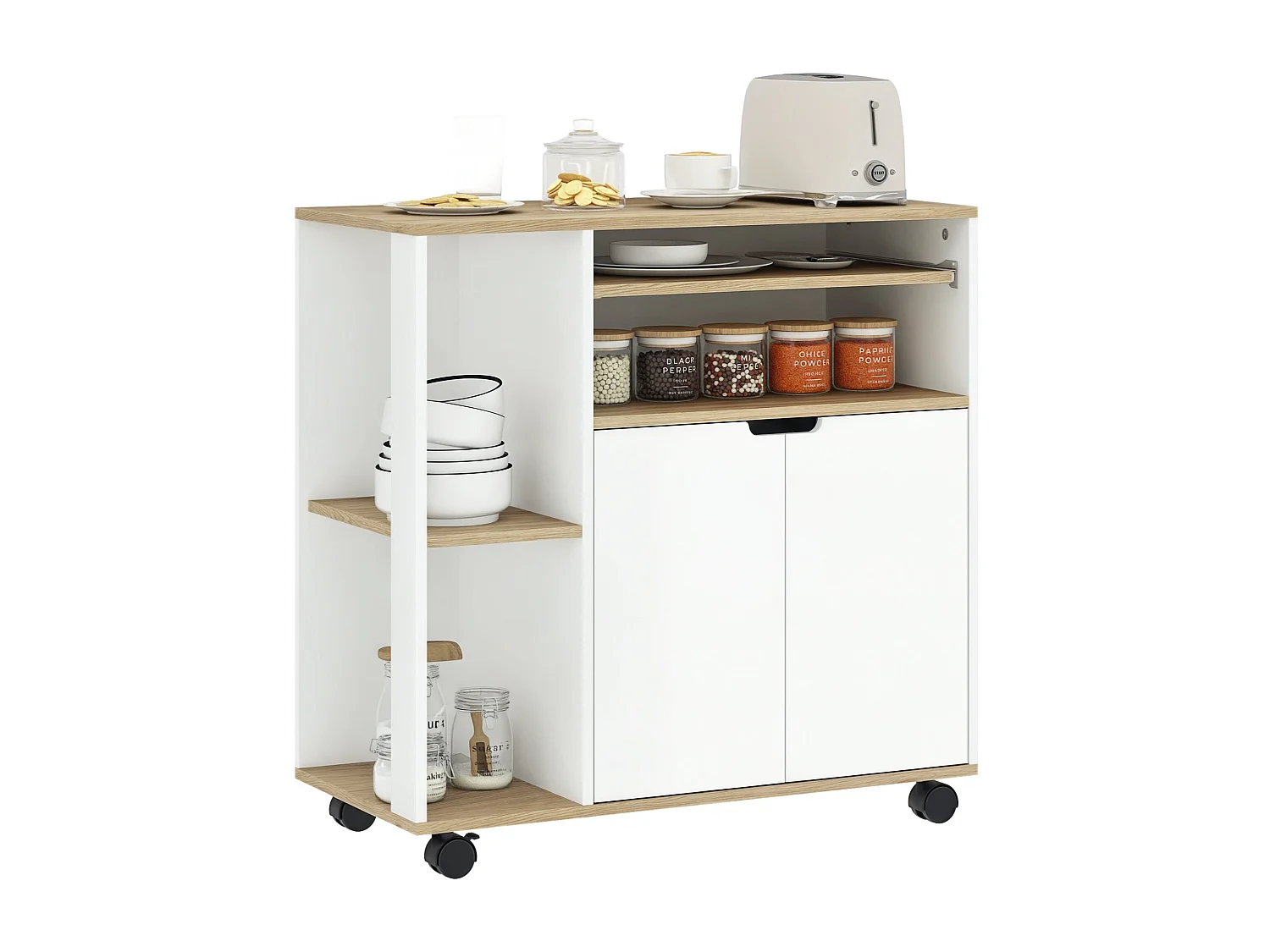 Chariot de cuisine sur roulettes avec rangement, placard et étagères réglables – Blanc – Pour cuisine, salon et salle à manger
